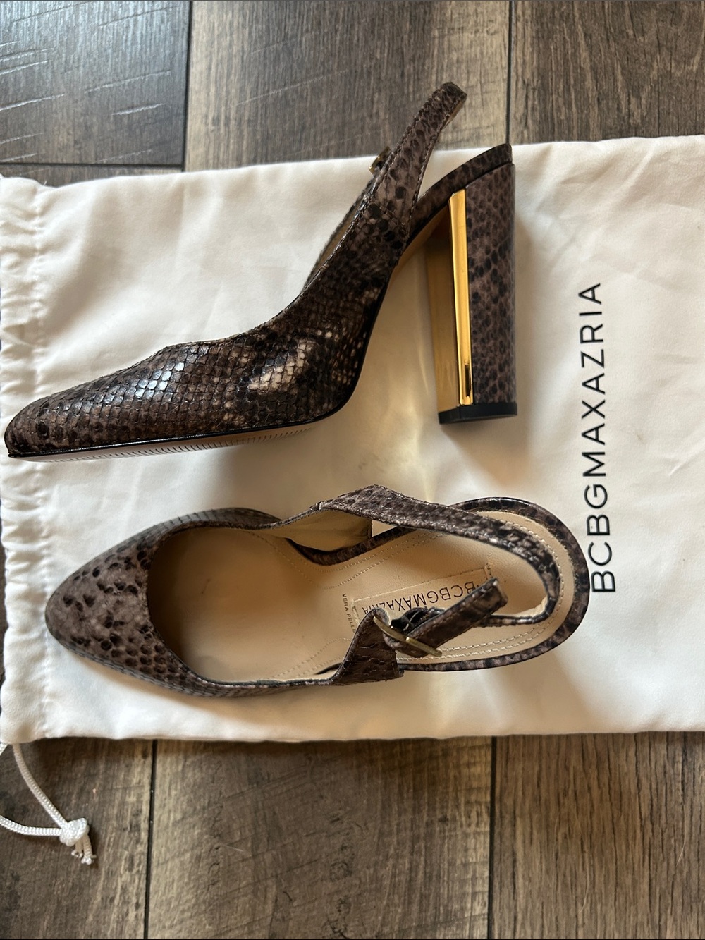 BCB GMAXAZRIA Brown Snake-Print Slingback Pumps with Gold Heel Accent